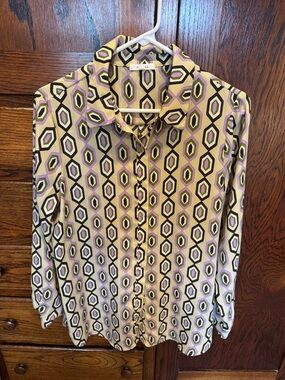 Pleione Olive, Purple and Black Geometric Button-Front Blouse